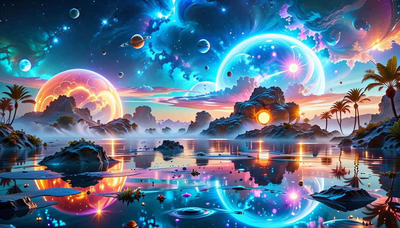 A Masterpiece In 32K Resolution, Supreme Quality, Super Detail, Official Art, Very High-Resolution 32K Wallpaper, Cosmic And Dreamlike, Ultra-Detailed Features, Celestial Retreat. An Otherworldly Oasis Floats Amidst A Sea Of Stars, With Vibrant Alien Flora Surrounding A Shimmering Pool Of Liquid Light. Planets And Moons Hang In The Sky, Casting Colorful Reflections On The Water. In The Background, A Grand Celestial Structure Rises, Radiating Energy And Illuminating The Cosmic Expanse.