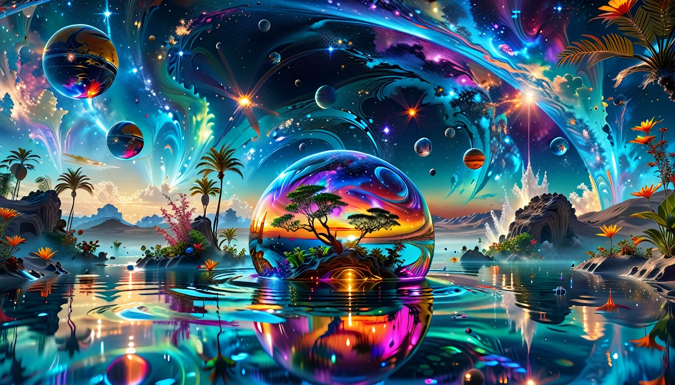 A Masterpiece In 32K Resolution, Supreme Quality, Super Detail, Official Art, Very High-Resolution 32K Wallpaper, Cosmic And Dreamlike, Ultra-Detailed Features, Celestial Retreat. An Otherworldly Oasis Floats Amidst A Sea Of Stars, With Vibrant Alien Flora Surrounding A Shimmering Pool Of Liquid Light. Planets And Moons Hang In The Sky, Casting Colorful Reflections On The Water. In The Background, A Grand Celestial Structure Rises, Radiating Energy And Illuminating The Cosmic Expanse.