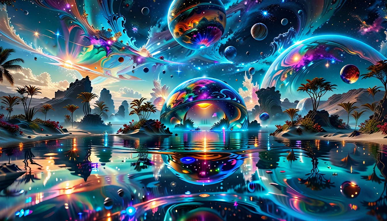 A Masterpiece In 32K Resolution, Supreme Quality, Super Detail, Official Art, Very High-Resolution 32K Wallpaper, Cosmic And Dreamlike, Ultra-Detailed Features, Celestial Retreat. An Otherworldly Oasis Floats Amidst A Sea Of Stars, With Vibrant Alien Flora Surrounding A Shimmering Pool Of Liquid Light. Planets And Moons Hang In The Sky, Casting Colorful Reflections On The Water. In The Background, A Grand Celestial Structure Rises, Radiating Energy And Illuminating The Cosmic Expanse.