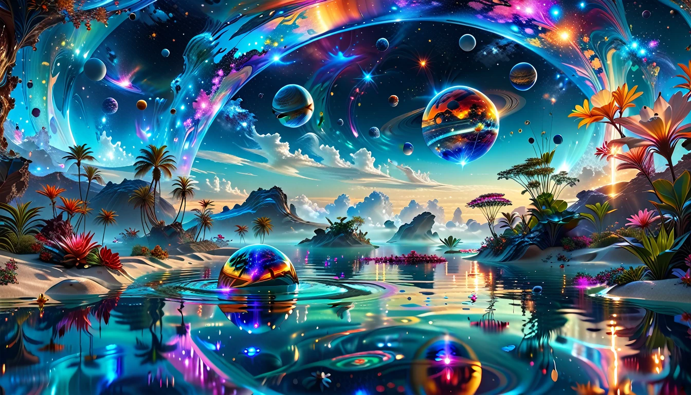 A Masterpiece In 32K Resolution, Supreme Quality, Super Detail, Official Art, Very High-Resolution 32K Wallpaper, Cosmic And Dreamlike, Ultra-Detailed Features, Celestial Retreat. An Otherworldly Oasis Floats Amidst A Sea Of Stars, With Vibrant Alien Flora Surrounding A Shimmering Pool Of Liquid Light. Planets And Moons Hang In The Sky, Casting Colorful Reflections On The Water. In The Background, A Grand Celestial Structure Rises, Radiating Energy And Illuminating The Cosmic Expanse.