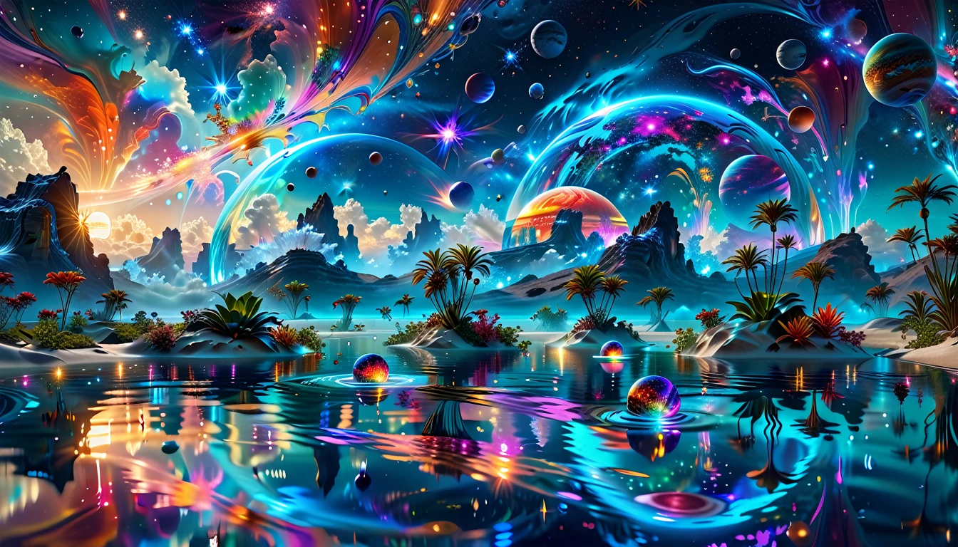 A Masterpiece In 32K Resolution, Supreme Quality, Super Detail, Official Art, Very High-Resolution 32K Wallpaper, Cosmic And Dreamlike, Ultra-Detailed Features, Celestial Retreat. An Otherworldly Oasis Floats Amidst A Sea Of Stars, With Vibrant Alien Flora Surrounding A Shimmering Pool Of Liquid Light. Planets And Moons Hang In The Sky, Casting Colorful Reflections On The Water. In The Background, A Grand Celestial Structure Rises, Radiating Energy And Illuminating The Cosmic Expanse.