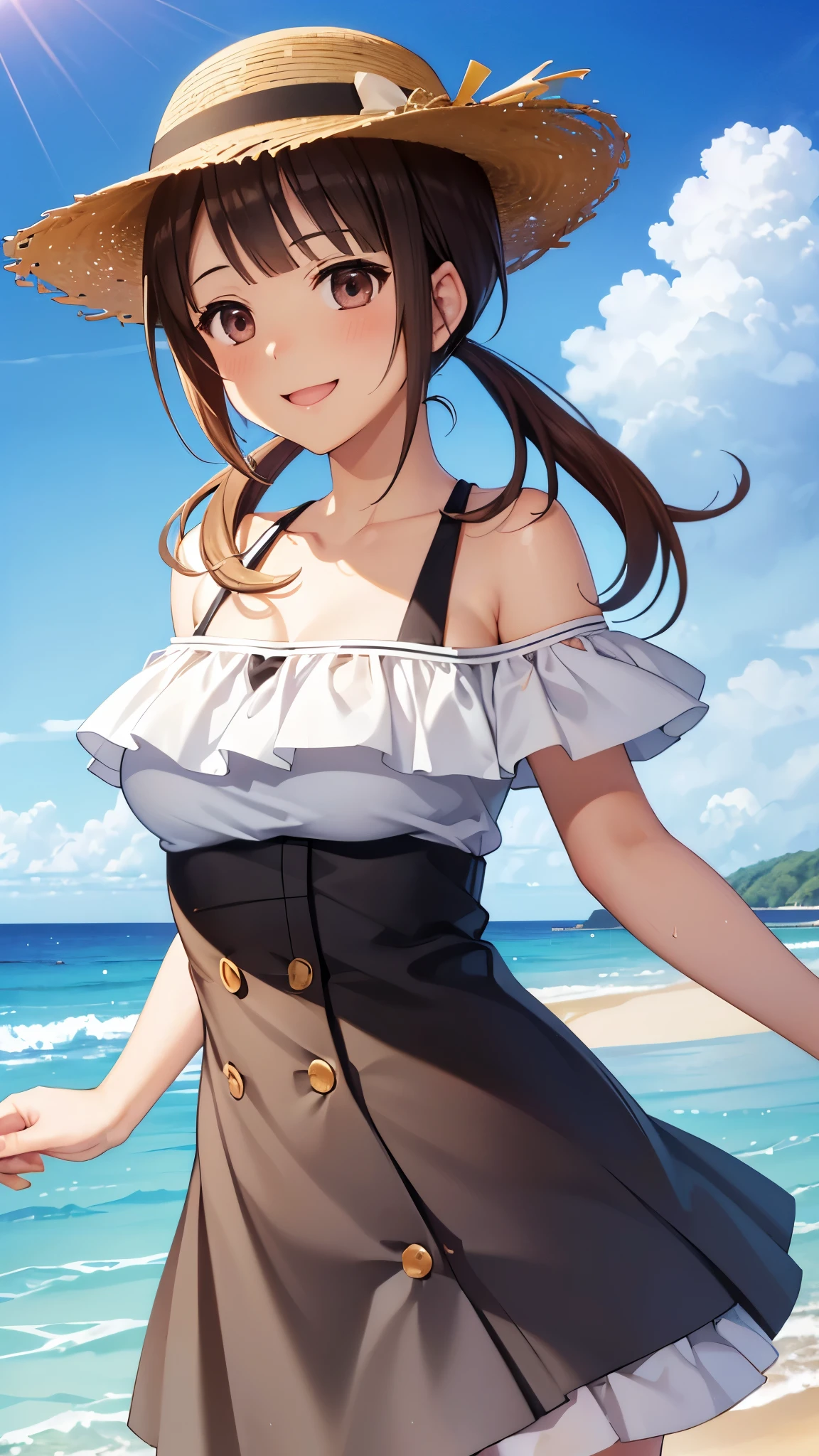 (16k,Ultra-high resolution,Best Quality,masterpiece,Very detailed,Extremely clear CG),okitasawa, low twintails,Perfect Eyes,Anatomically correct body,Very detailed顔の特徴, Beautiful and perfect face:, ((Open your mouth and say happy smile:1.3)),夕方の夏のsea岸,Straw hat,White off-the-shoulder dress,Black long skirt,((upper body Shot:1.3)),sea,Sandy Beach,Looking at the camera,Front angle,Place your right hand on your chest,walking on water,Splashing water effects,