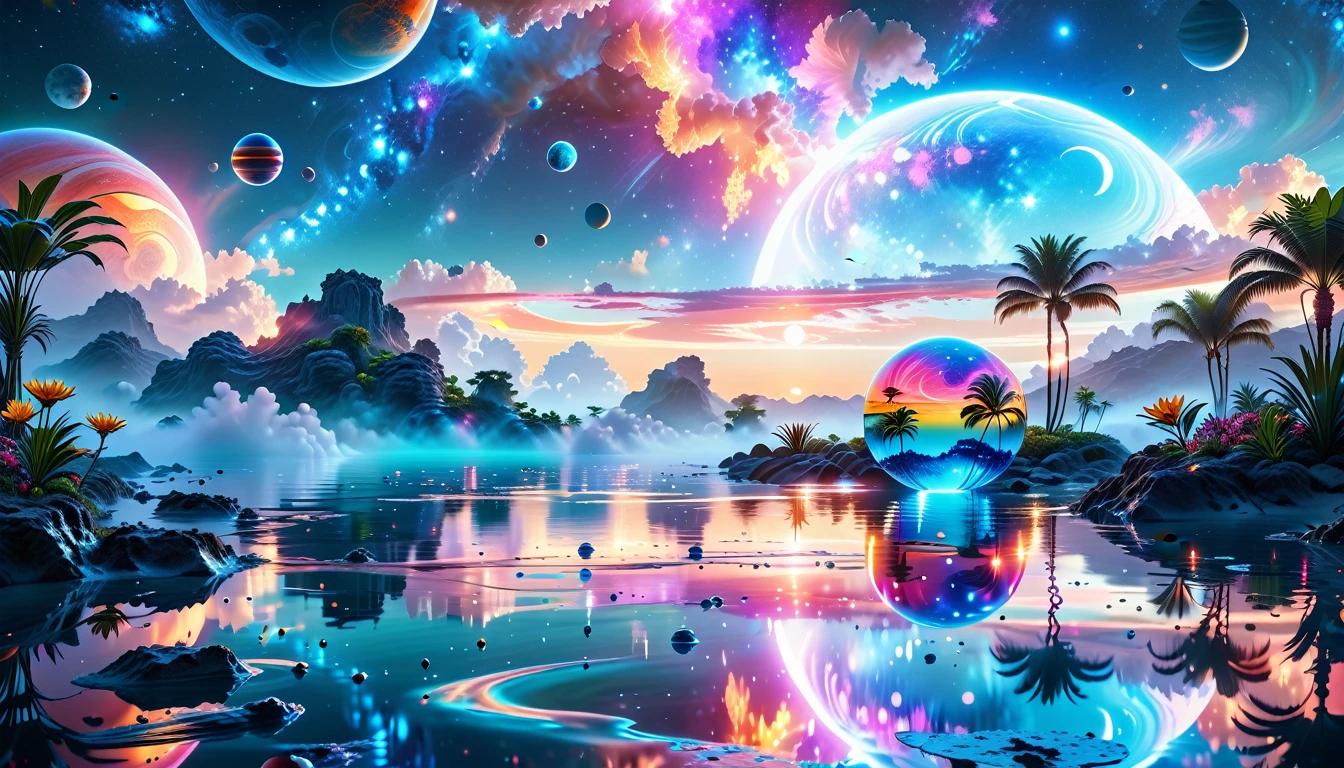 A Masterpiece In 32K Resolution, Supreme Quality, Super Detail, Official Art, Very High-Resolution 32K Wallpaper, Cosmic And Dreamlike, Ultra-Detailed Features, Celestial Retreat. An Otherworldly Oasis Floats Amidst A Sea Of Stars, With Vibrant Alien Flora Surrounding A Shimmering Pool Of Liquid Light. Planets And Moons Hang In The Sky, Casting Colorful Reflections On The Water. In The Background, A Grand Celestial Structure Rises, Radiating Energy And Illuminating The Cosmic Expanse.