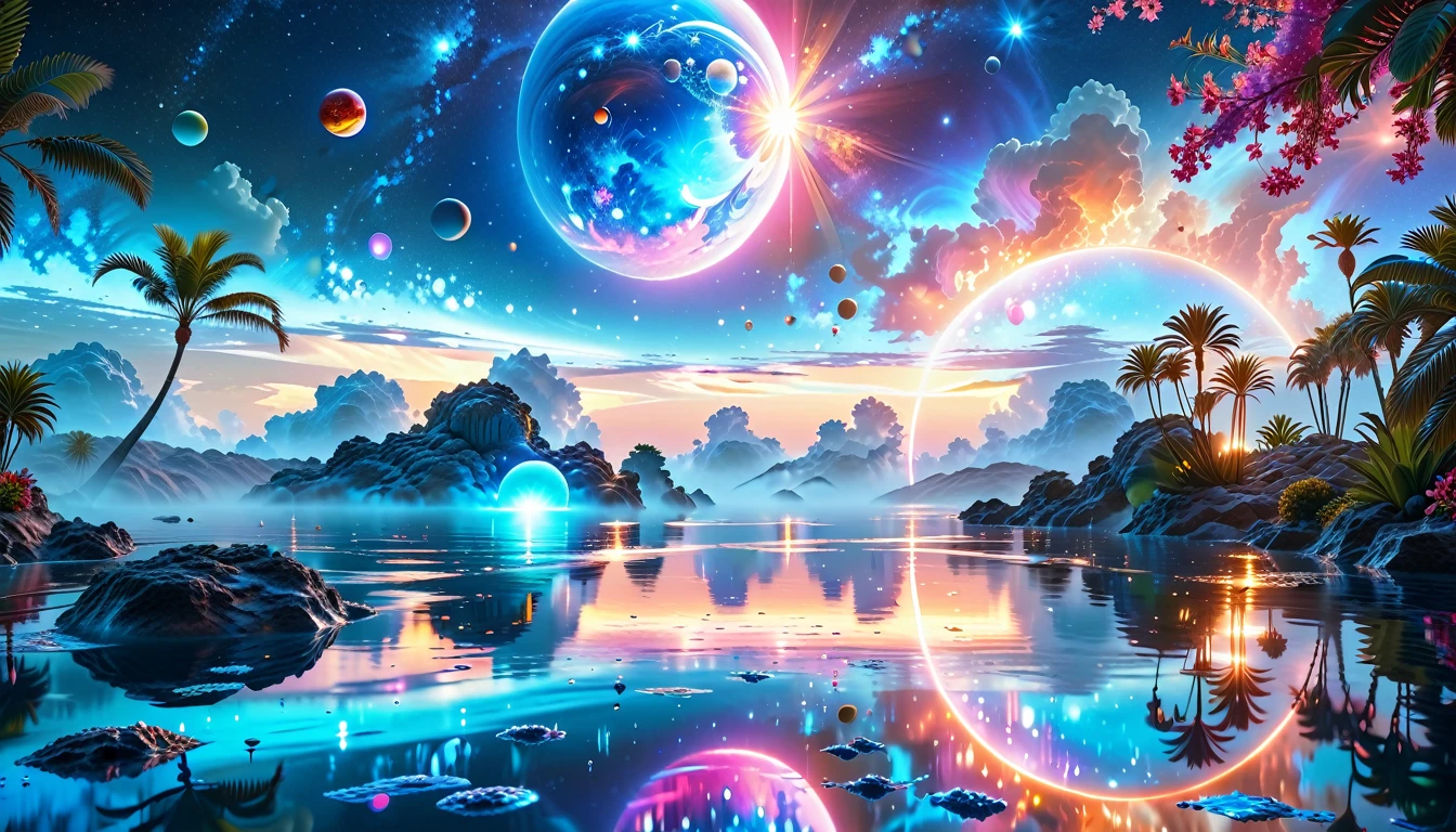 A Masterpiece In 32K Resolution, Supreme Quality, Super Detail, Official Art, Very High-Resolution 32K Wallpaper, Cosmic And Dreamlike, Ultra-Detailed Features, Celestial Retreat. An Otherworldly Oasis Floats Amidst A Sea Of Stars, With Vibrant Alien Flora Surrounding A Shimmering Pool Of Liquid Light. Planets And Moons Hang In The Sky, Casting Colorful Reflections On The Water. In The Background, A Grand Celestial Structure Rises, Radiating Energy And Illuminating The Cosmic Expanse.