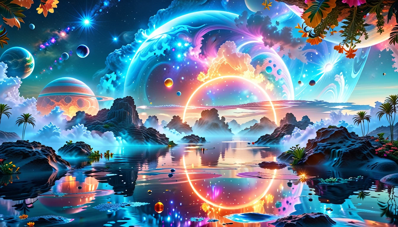 A Masterpiece In 32K Resolution, Supreme Quality, Super Detail, Official Art, Very High-Resolution 32K Wallpaper, Cosmic And Dreamlike, Ultra-Detailed Features, Celestial Retreat. An Otherworldly Oasis Floats Amidst A Sea Of Stars, With Vibrant Alien Flora Surrounding A Shimmering Pool Of Liquid Light. Planets And Moons Hang In The Sky, Casting Colorful Reflections On The Water. In The Background, A Grand Celestial Structure Rises, Radiating Energy And Illuminating The Cosmic Expanse.