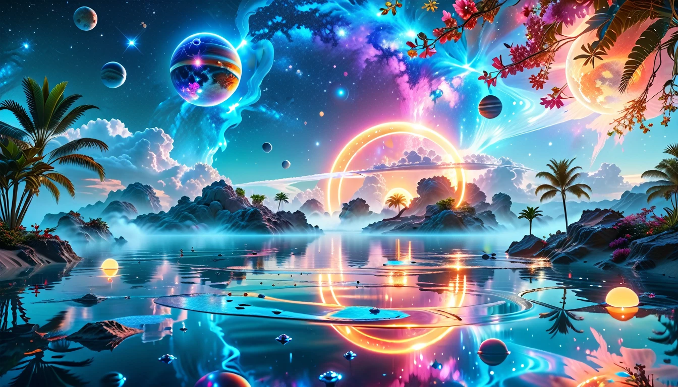 A Masterpiece In 32K Resolution, Supreme Quality, Super Detail, Official Art, Very High-Resolution 32K Wallpaper, Cosmic And Dreamlike, Ultra-Detailed Features, Celestial Retreat. An Otherworldly Oasis Floats Amidst A Sea Of Stars, With Vibrant Alien Flora Surrounding A Shimmering Pool Of Liquid Light. Planets And Moons Hang In The Sky, Casting Colorful Reflections On The Water. In The Background, A Grand Celestial Structure Rises, Radiating Energy And Illuminating The Cosmic Expanse.