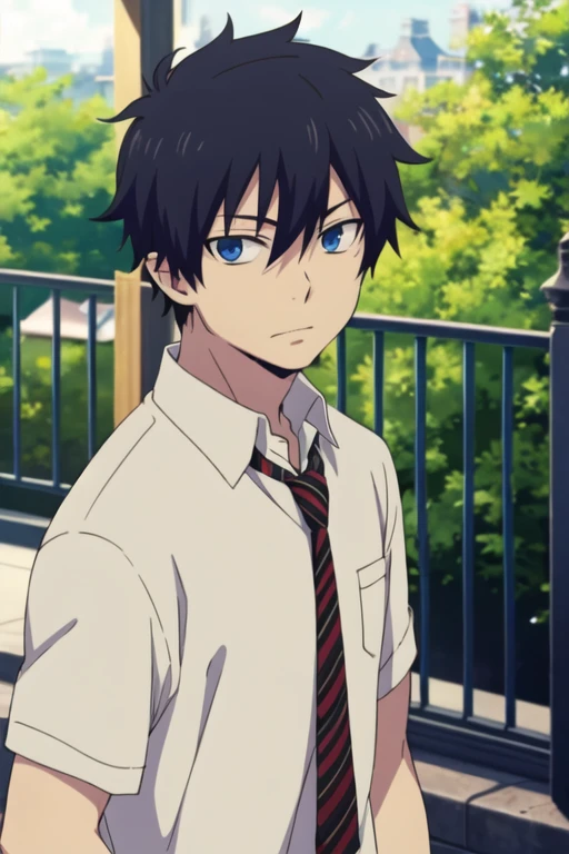 masterpiece, best quality, , 1boy, solo, male focus, looking at viewer, , , rin_okumura, black hair, blue eyes, ,