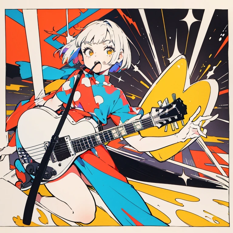 full body, masterpiece, manga style, pen, 1girl, singer, cool, close, no background, white, mouth open, medium hair, bob, spot color, vivid color, solid color, singing, microphone, the bangs are long, foodie, Belly button look, rock band, playing guitar,