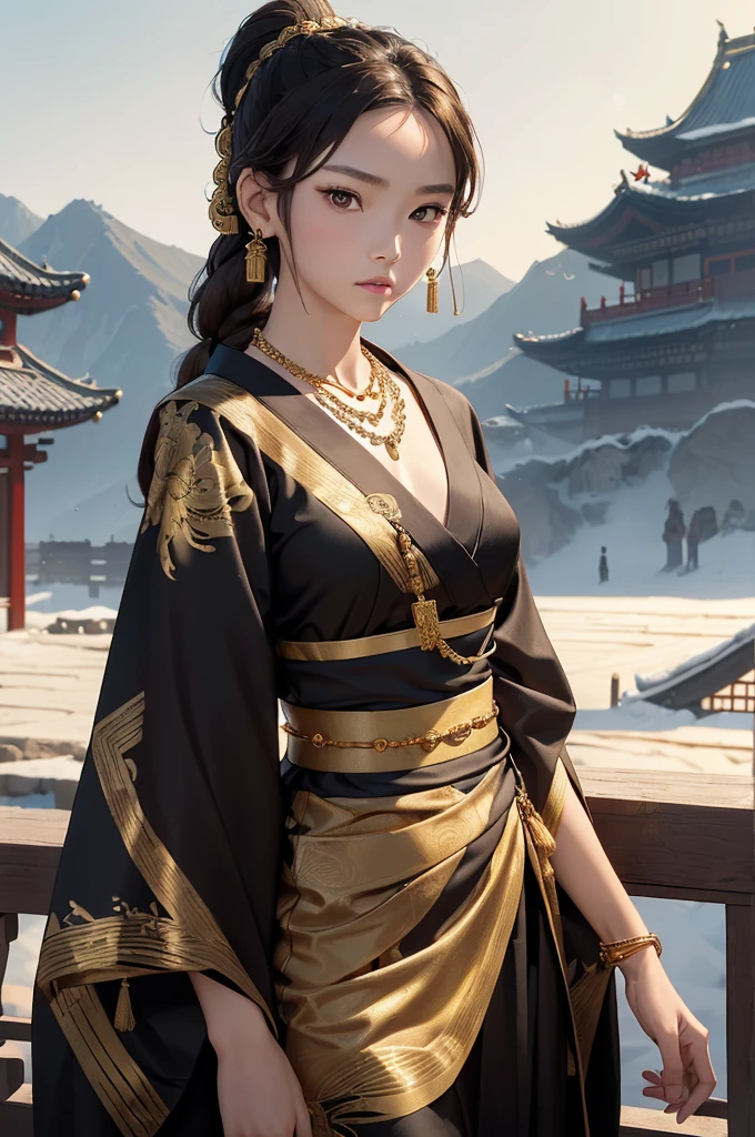 ((UHD, masterpiece, accurate, anatomically correct, super detail, best quality, 8K)), a Ancient Chinese female strategist, **-*****-***, slender body, (wearing a decorated tight black Kimono-dress:1.1), (put gorgeous gold necklace and gold body chain on her:1.1), brown hair, silver eyes, braided ponytail, on a Chinese-castle during the battle