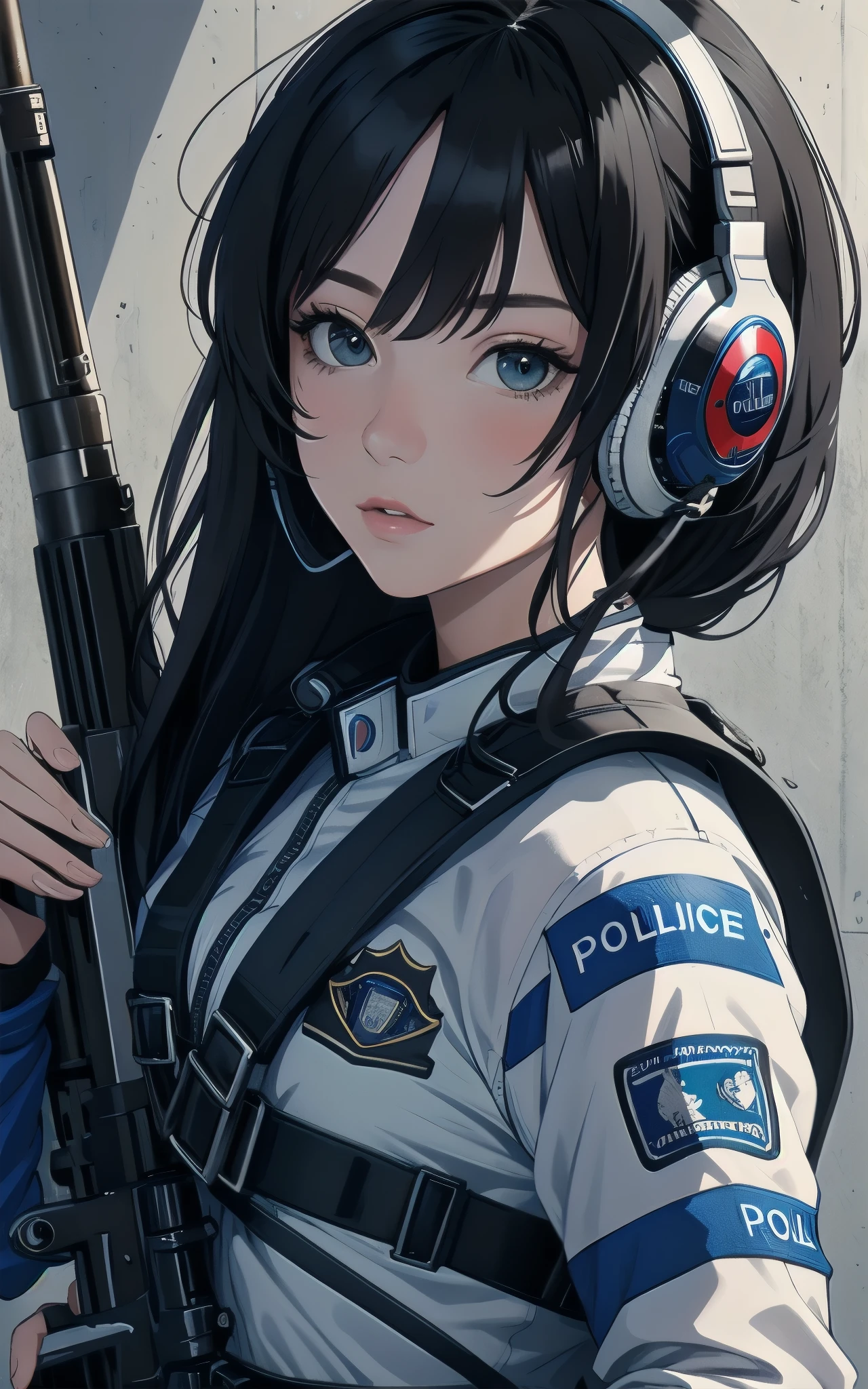 Highest image quality, outstanding details, ultra-high resolution, (realism: 1.4), ((close up:1.25)), highly condensed 1lady, with beautiful and a delicate face, perfect proportion, (chubby:0.3, small breasts), (cloths color base ratio blue:0.4 white:0.3 other-color:0.3), (wearing racing suit likes police uniform, black and gray mecha, wearing high-tech headset, military harness, holding a machinegun), aiming with bazooka rifle, background simple gray wall,