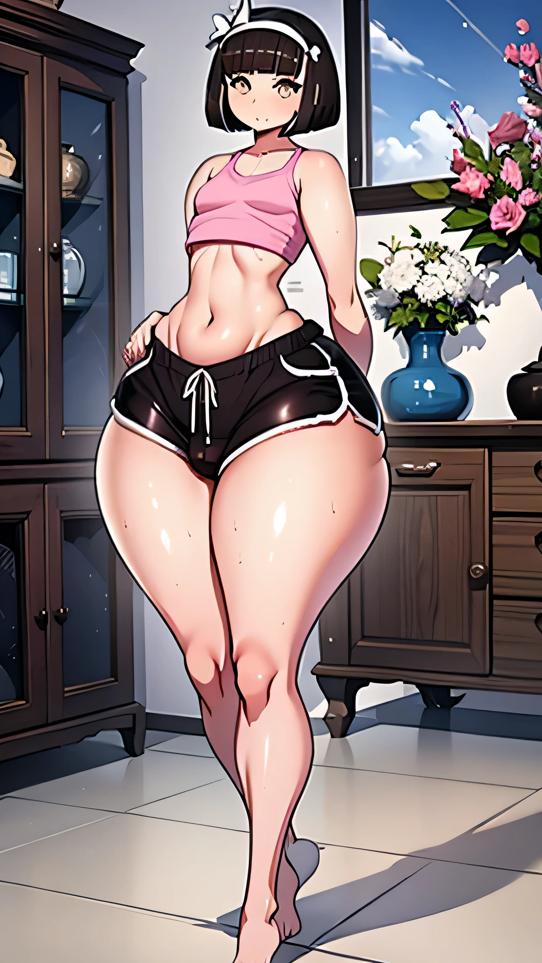 (melhor qualidade:1.3), (qualidade 4K), lisarnd, 、(((blush))),(Sweat), sexy pose, thicc thighs, huge breasts, (((((A Gray sexy Sports Bra)))))、(((Gray micro sports panties))), spreading legs, perfect anatomy, good anatomy, good composition, armpits, sweating, Mom, milf, thicc thighs, lubricant skin groin area, oily skin, red armpits, sweat armpits, (((posterior view))、from behind、backs、((Standing))