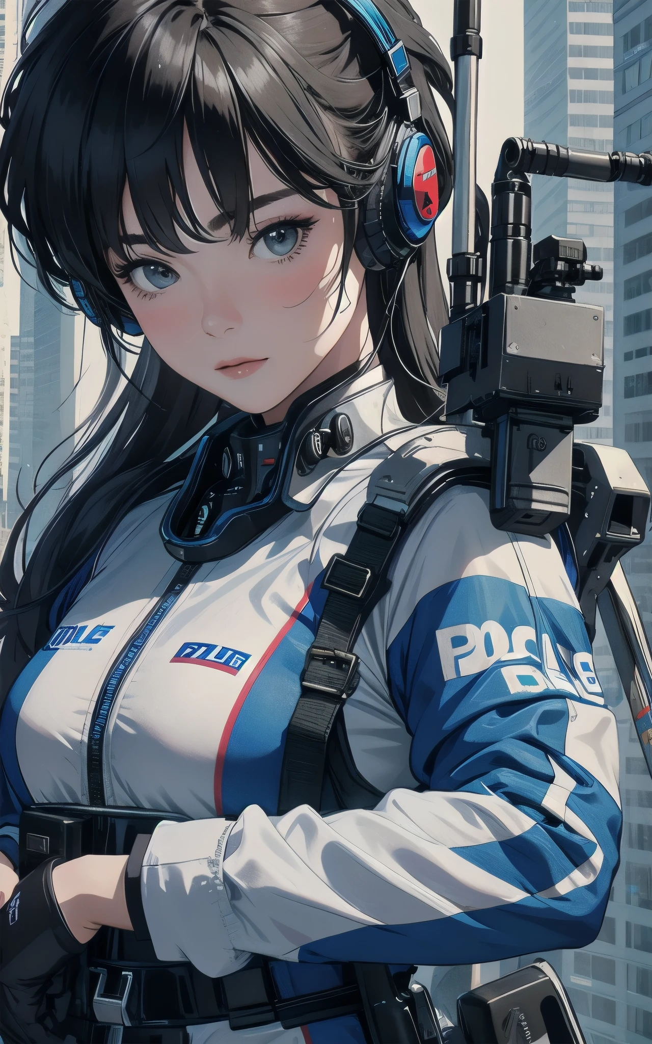 Highest image quality, outstanding details, ultra-high resolution, (realism: 1.4), ((close up:1.25)), highly condensed 1lady, with beautiful and a delicate face, perfect proportion, (chubby:0.3, small breasts), (cloths color base ratio blue:0.4 white:0.3 other-color:0.3), (wearing racing suit likes police uniform, black and gray mecha, wearing high-tech headset, military harness, holding a machinegun), aiming with bazooka rifle, background simple gray wall,