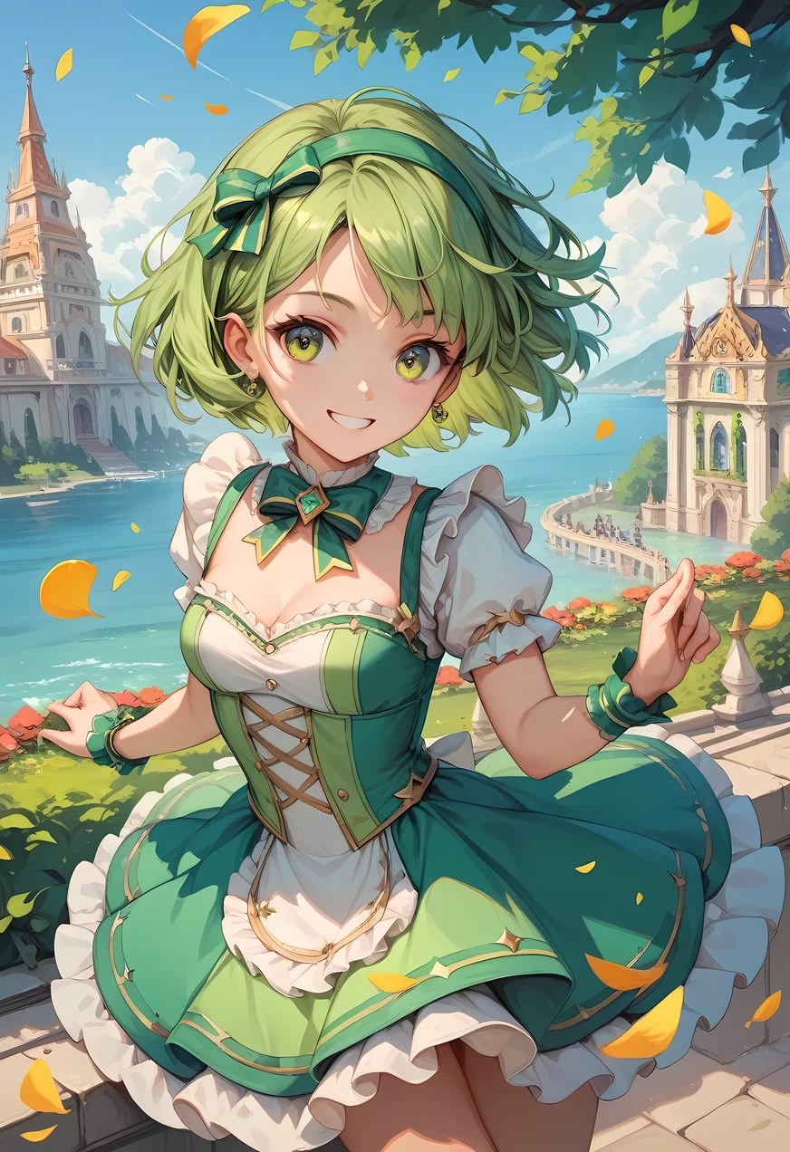 UHD, ((masterpiece)), (super detail:1.2), high quality, best quality, highres, 8k, cute, Yellow-green hair, short length hair, Ruffled dress with ribbon, smile, pop, 1 girl