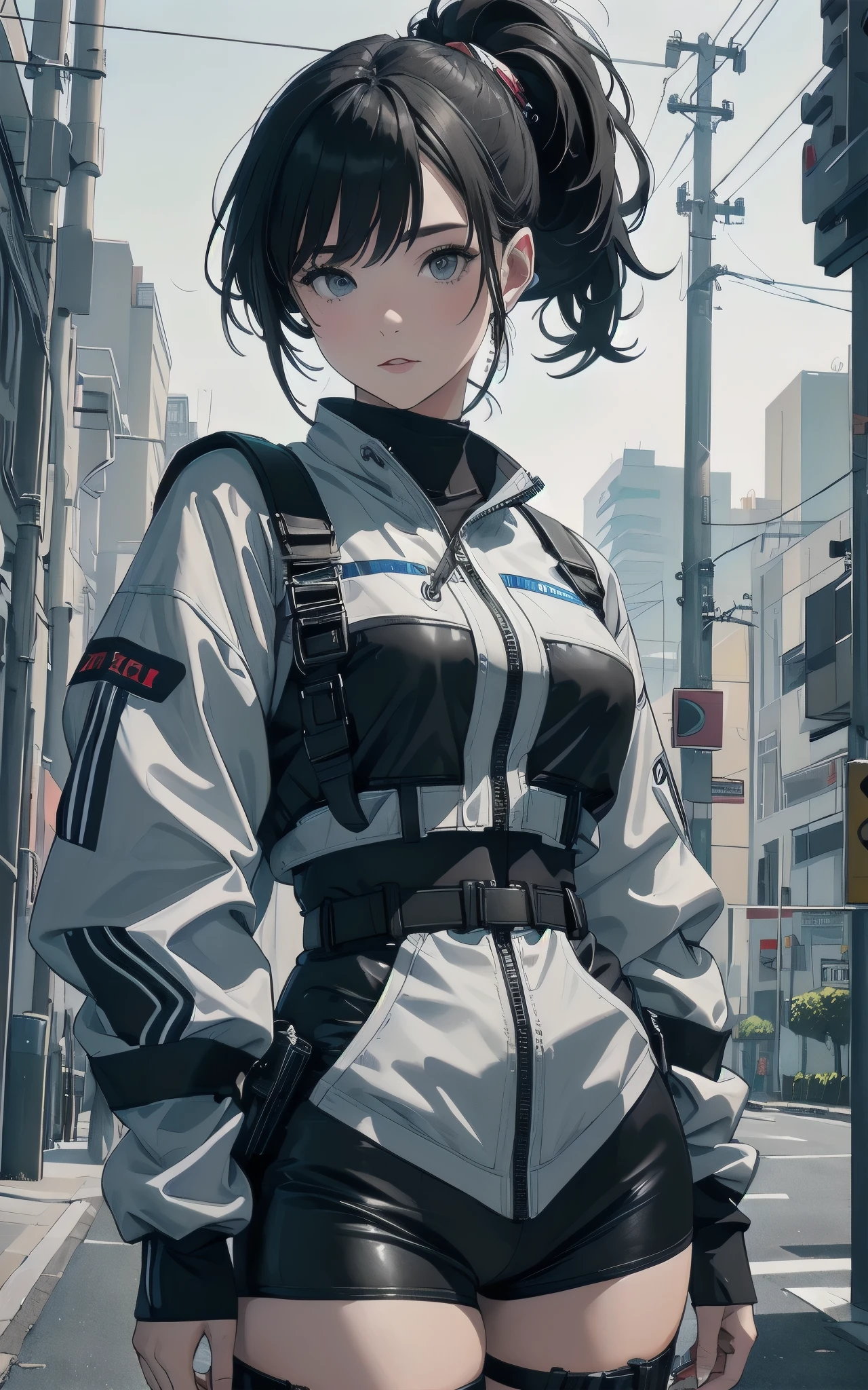 (((masterpiece, highest quality))),(((solo:1.2))),(((1girl:1.2))), 8K, ARTISTIC (Highest image quality, outstanding details, ultra-high resolution, realism), highly condensed 1 beautiful girl, with a delicate and beautiful face, ((cowboy shot)), (a bit chubby:0.4), (wearing black racing suit likes police uniform, black and grey mecha, wearing military harness, holding a machinegun), background simple grey concrete