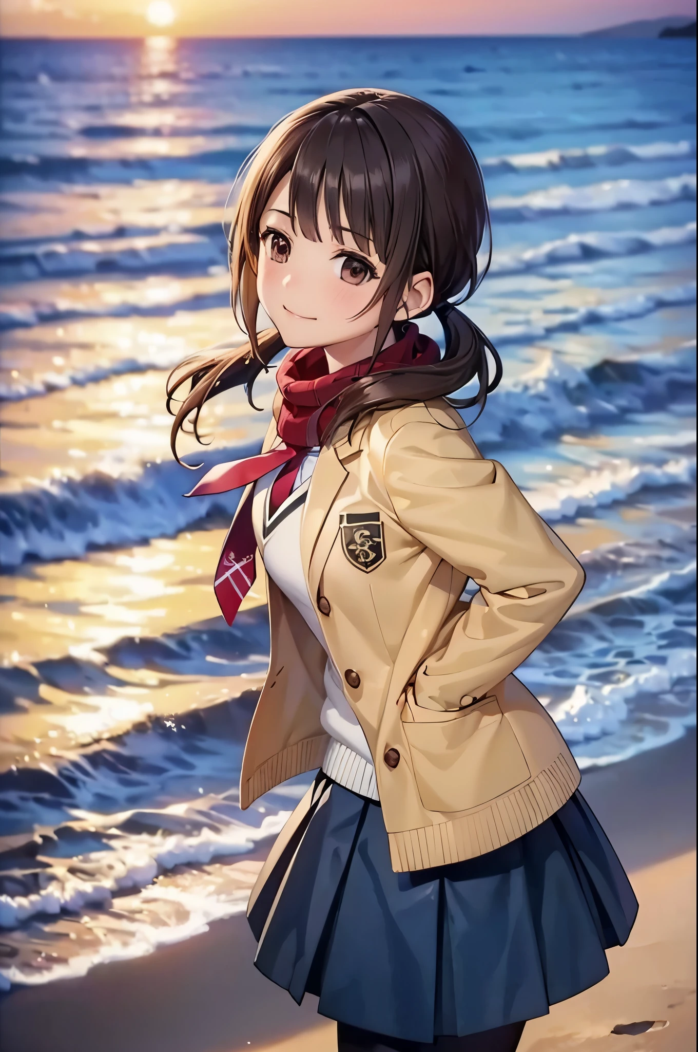 (16k,Ultra-high resolution,Best Quality,masterpiece,Very detailed,Extremely clear CG),okitasawa, low twintails,Anatomically correct body,Very detailed顔の特徴, Beautiful and perfect face,brown jacket, red necktie, yellow sweater vest, blue skirt, pantyhose,Evening coast,Standing on the beach,Realistic sea、sunset,Perfect Eyes,Place your arms behind your back.:1.3,Top view,Looking at the camera,Smiling at the audience,Red scarf,red cheek