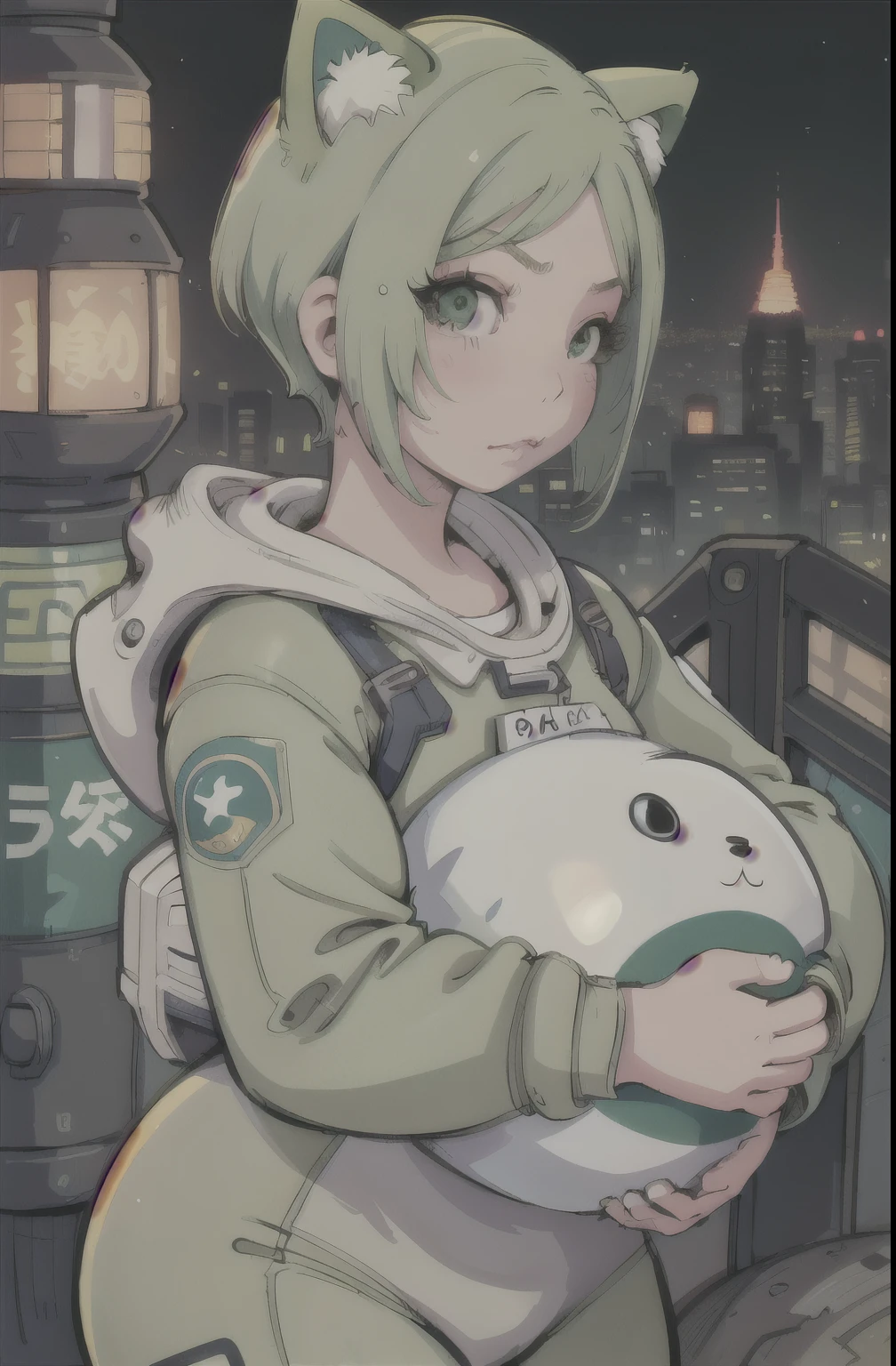 Beautiful anime wife style, wearing decorated heavy spacesuit, green messy short hair,  girl, astronaut idol, super detailed cute face, cat ears, long green eyelashes, sleepy, Tokyo cityscape background,