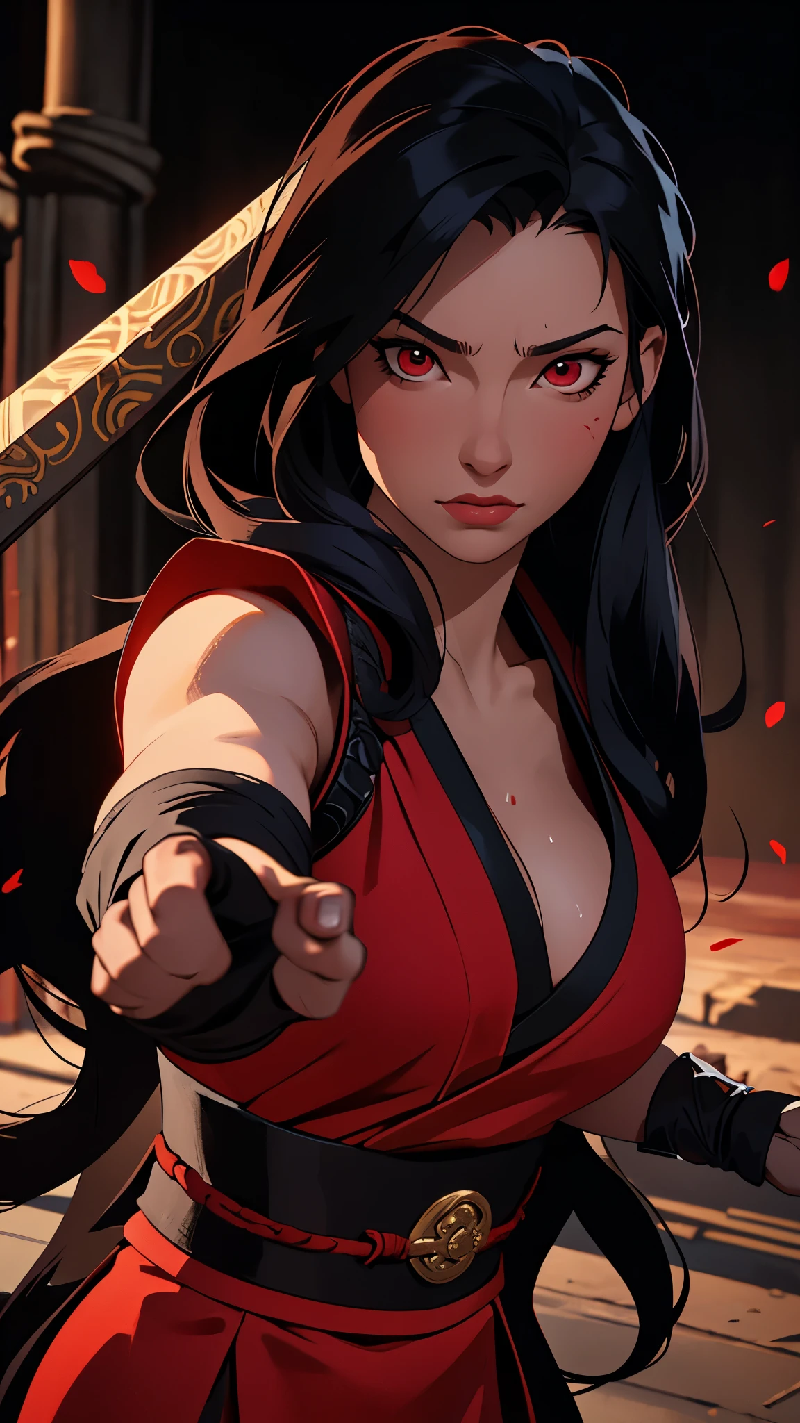 realistic, 1girl, high quality fingers, normal hands, detailed fingers, masterpiece, (realistic, foto-realistic: 1.37), realistic, 1girl, long hair:1.5, black hair:1.2, red eyes:1.5, bright eyes, mortal kombat, Erotic ninja, blood, scar, weapons, Kimono, dress, mortal kombat continues, big breasts, large breasts, fighting pose, serene look, temple, meditation, injuries, cover half of the face, (Sweat: 1),