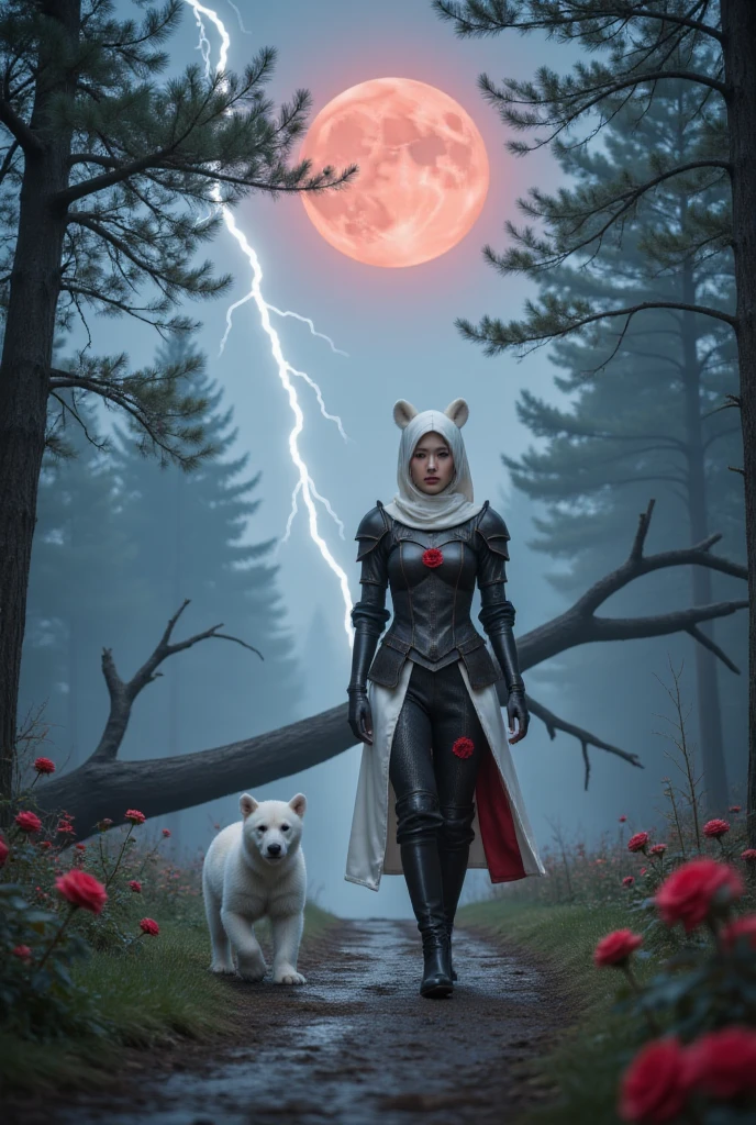 A female knight wearing a white hood,Polar bear ears on the head,Walking with a polar bear cub in a moonlit forest, Roses in bloom，Lightning falls from the sky. Only women wear red eye patches. The photo has a blood moon in the background，A tree fell on the road. The forest is full of leaves. The man&#39;s armor is black，Decorated with red roses. The sky is full of stars. The knight looked thoughtfully at the sky. Forest shrouded in fog.