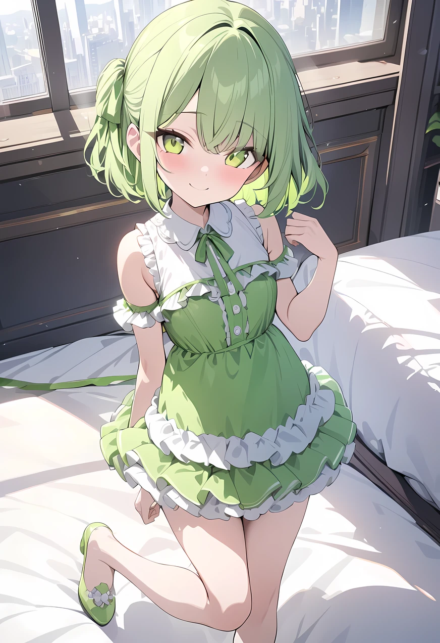 UHD, ((masterpiece)), (super detail:1.2), high quality, best quality, highres, 8k, cute, Yellow-green hair, short length hair, Ruffled dress with ribbon, smile, pop, 1 girl