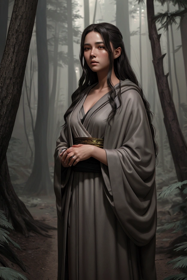 a beautiful girl in a grey robe standing in a dark forest, grand style, octane rendering, desert composition, beautiful face, hyperrealistic, oil on canvas, award winning, masterpiece, trending on artstation, studio ghibli style