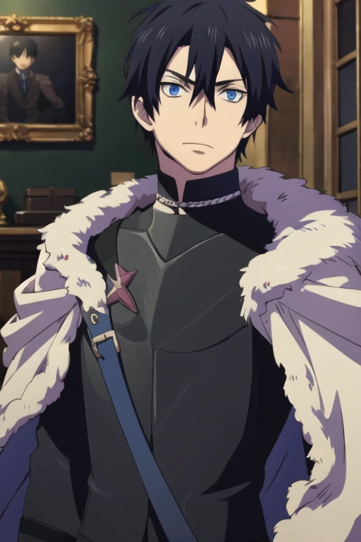 masterpiece, best quality, , 1boy, solo, male focus, looking at viewer, , , rin_okumura, black hair, blue eyes, ,