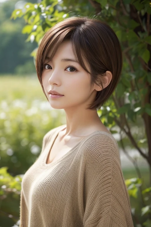 super high quality, Fashion Model, Short Hair, Slender, (8k、RAW Photos、highest quality、masterpiece:1.2), Japanese Idol, Serious expression, Shaggy, Brown Hair, Stylish café, Fashion magazine shooting, The cafe is crowded with people enjoying themselves., (Realistic、Photorealistic:1.37), Beautiful Face , Urban Cafe, Small breasts, A gentle gaze, Spring Clothes, Neat clothes
