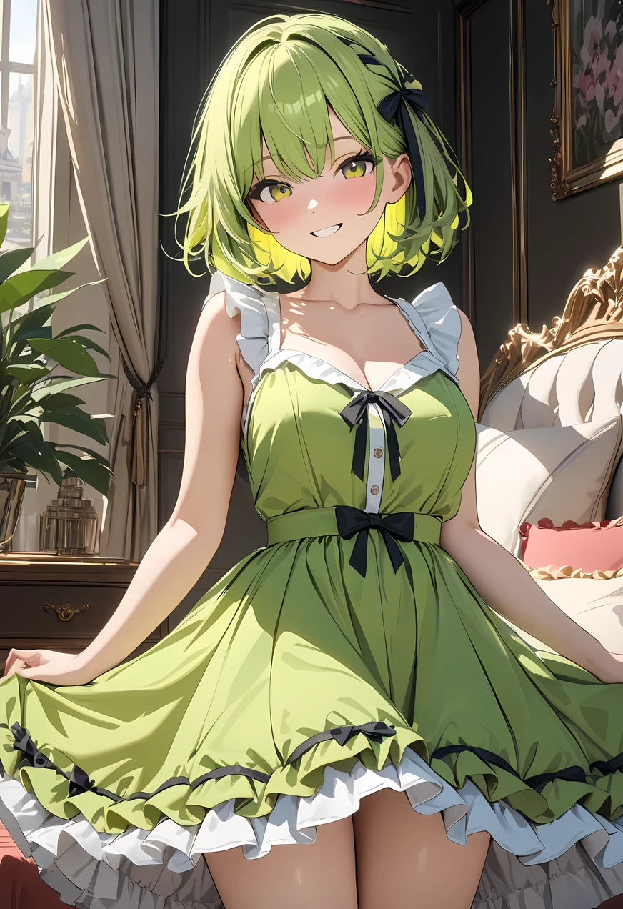 UHD, ((masterpiece)), (super detail:1.2), high quality, best quality, highres, 8k, cute, Yellow-green hair, short length hair, Ruffled dress with ribbon, smile, pop, 1 girl