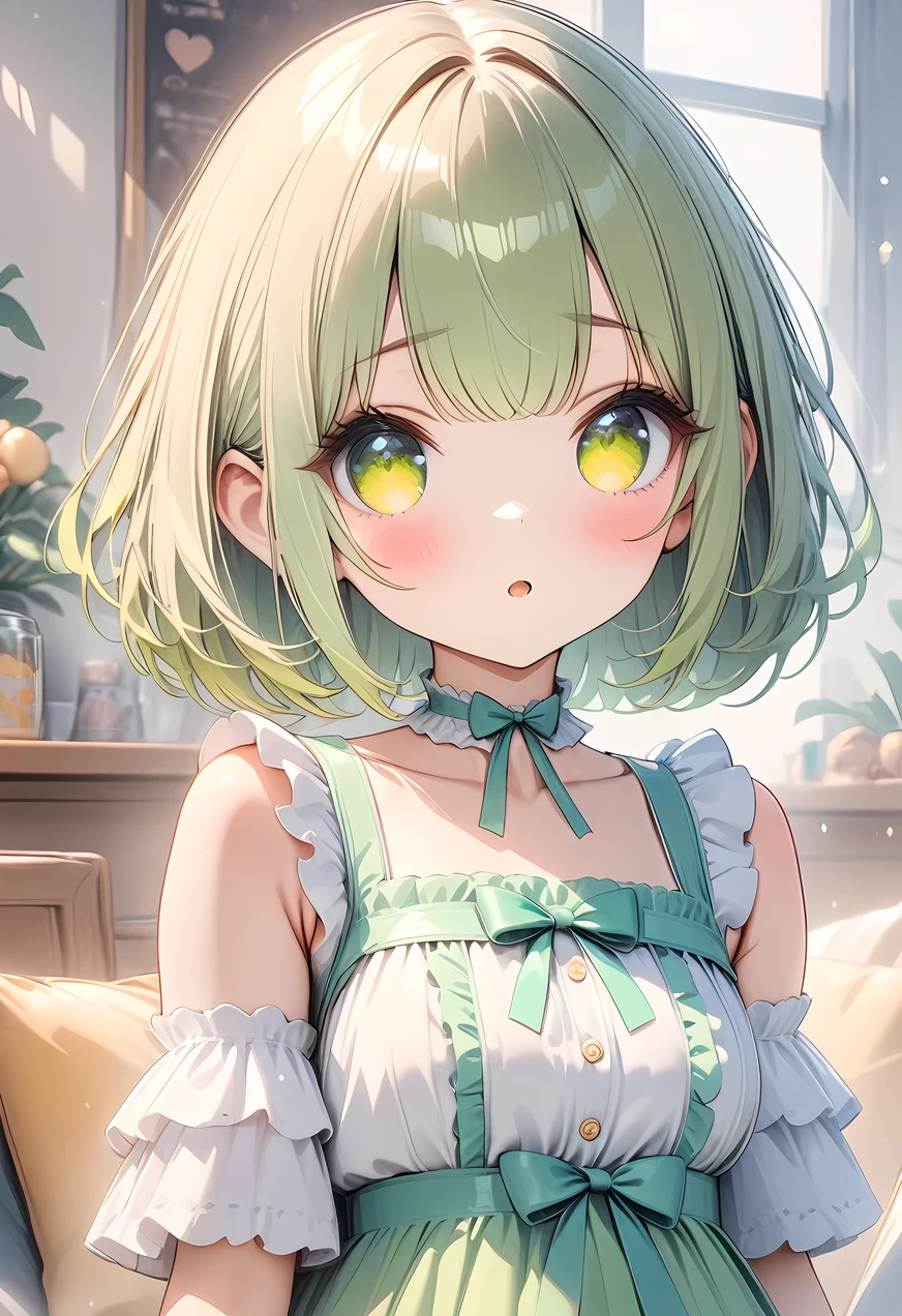 UHD, ((masterpiece)), (super detail:1.2), high quality, best quality, highres, 8k, cute, Yellow-green hair, short length hair, Ruffled dress with ribbon, pop, 1 girl