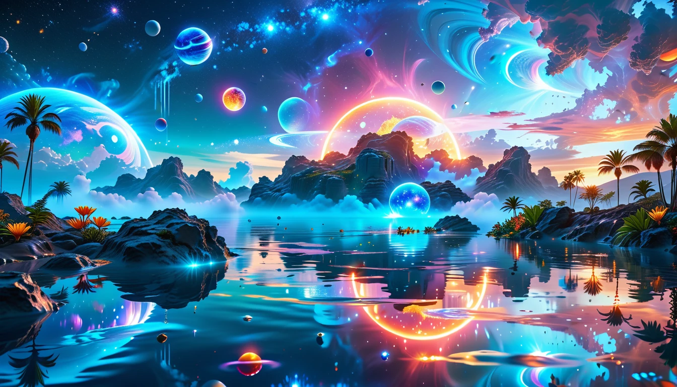 A Masterpiece In 32K Resolution, Supreme Quality, Super Detail, Official Art, Very High-Resolution 32K Wallpaper, Cosmic And Dreamlike, Ultra-Detailed Features, Celestial Retreat. An Otherworldly Oasis Floats Amidst A Sea Of Stars, With Vibrant Alien Flora Surrounding A Shimmering Pool Of Liquid Light. Planets And Moons Hang In The Sky, Casting Colorful Reflections On The Water. In The Background, A Grand Celestial Structure Rises, Radiating Energy And Illuminating The Cosmic Expanse.