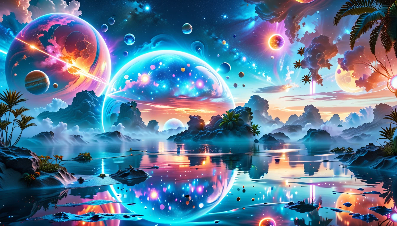 A Masterpiece In 32K Resolution, Supreme Quality, Super Detail, Official Art, Very High-Resolution 32K Wallpaper, Cosmic And Dreamlike, Ultra-Detailed Features, Celestial Retreat. An Otherworldly Oasis Floats Amidst A Sea Of Stars, With Vibrant Alien Flora Surrounding A Shimmering Pool Of Liquid Light. Planets And Moons Hang In The Sky, Casting Colorful Reflections On The Water. In The Background, A Grand Celestial Structure Rises, Radiating Energy And Illuminating The Cosmic Expanse.