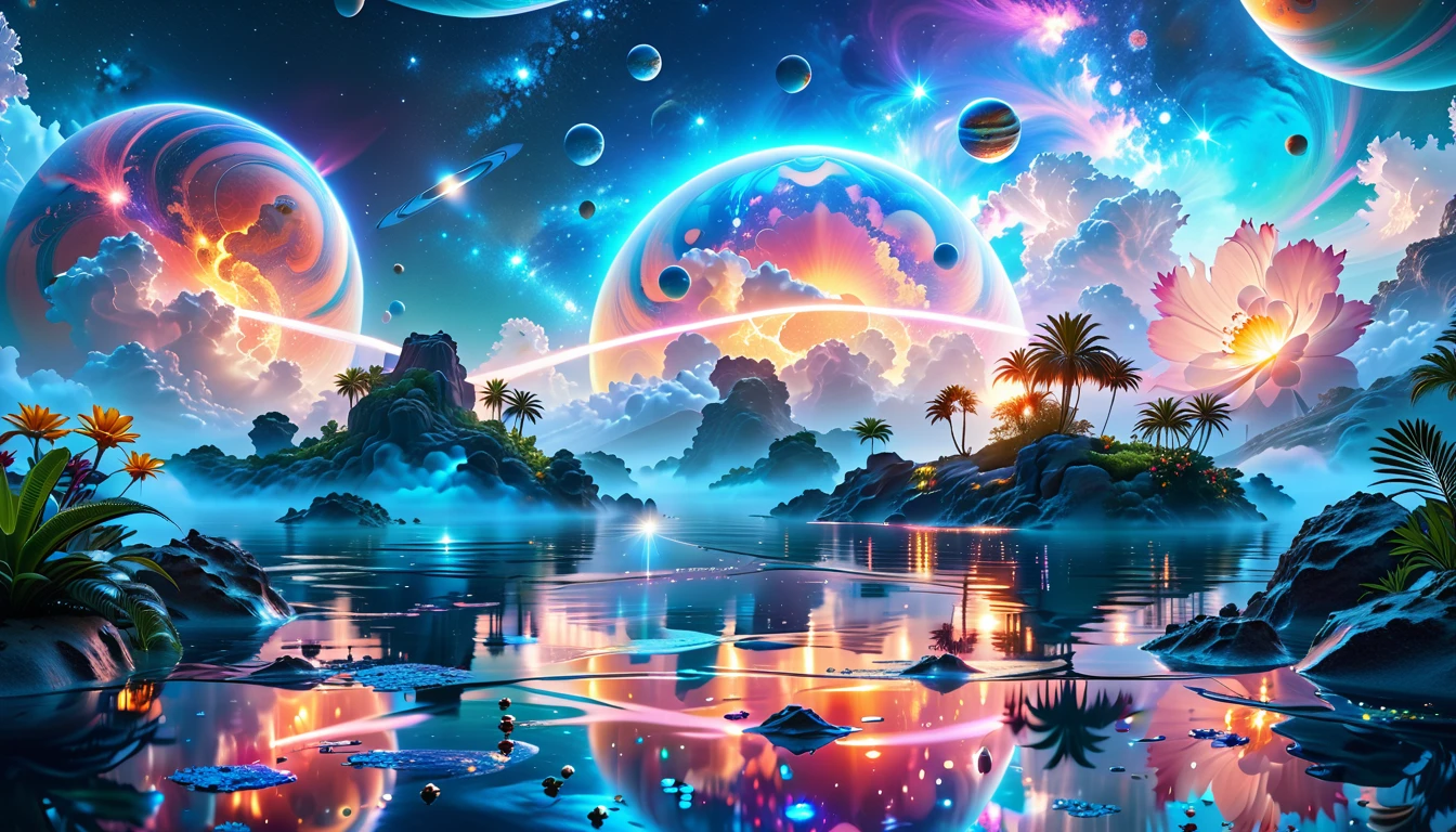 A Masterpiece In 32K Resolution, Supreme Quality, Super Detail, Official Art, Very High-Resolution 32K Wallpaper, Cosmic And Dreamlike, Ultra-Detailed Features, Celestial Retreat. An Otherworldly Oasis Floats Amidst A Sea Of Stars, With Vibrant Alien Flora Surrounding A Shimmering Pool Of Liquid Light. Planets And Moons Hang In The Sky, Casting Colorful Reflections On The Water. In The Background, A Grand Celestial Structure Rises, Radiating Energy And Illuminating The Cosmic Expanse.