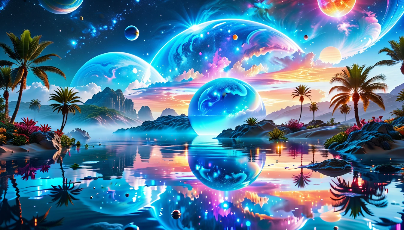 A Masterpiece In 32K Resolution, Supreme Quality, Super Detail, Official Art, Very High-Resolution 32K Wallpaper, Cosmic And Dreamlike, Ultra-Detailed Features, Celestial Retreat. An Otherworldly Oasis Floats Amidst A Sea Of Stars, With Vibrant Alien Flora Surrounding A Shimmering Pool Of Liquid Light. Planets And Moons Hang In The Sky, Casting Colorful Reflections On The Water. In The Background, A Grand Celestial Structure Rises, Radiating Energy And Illuminating The Cosmic Expanse.