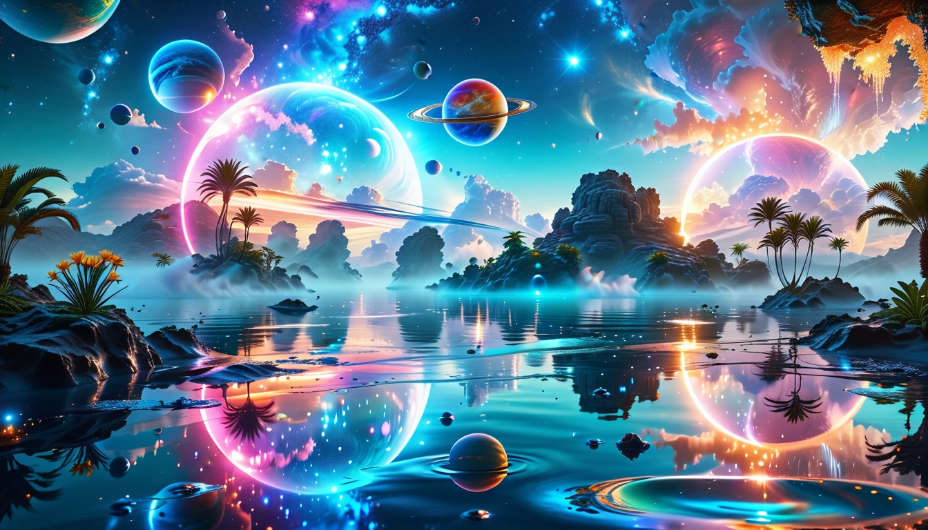 A Masterpiece In 32K Resolution, Supreme Quality, Super Detail, Official Art, Very High-Resolution 32K Wallpaper, Cosmic And Dreamlike, Ultra-Detailed Features, Celestial Retreat. An Otherworldly Oasis Floats Amidst A Sea Of Stars, With Vibrant Alien Flora Surrounding A Shimmering Pool Of Liquid Light. Planets And Moons Hang In The Sky, Casting Colorful Reflections On The Water. In The Background, A Grand Celestial Structure Rises, Radiating Energy And Illuminating The Cosmic Expanse.