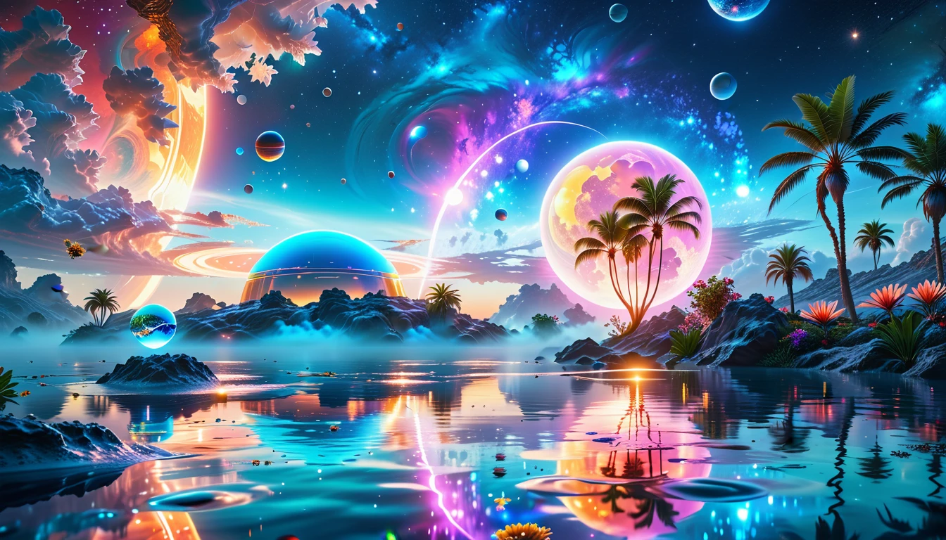 A Masterpiece In 32K Resolution, Supreme Quality, Super Detail, Official Art, Very High-Resolution 32K Wallpaper, Cosmic And Dreamlike, Ultra-Detailed Features, Celestial Retreat. An Otherworldly Oasis Floats Amidst A Sea Of Stars, With Vibrant Alien Flora Surrounding A Shimmering Pool Of Liquid Light. Planets And Moons Hang In The Sky, Casting Colorful Reflections On The Water. In The Background, A Grand Celestial Structure Rises, Radiating Energy And Illuminating The Cosmic Expanse.