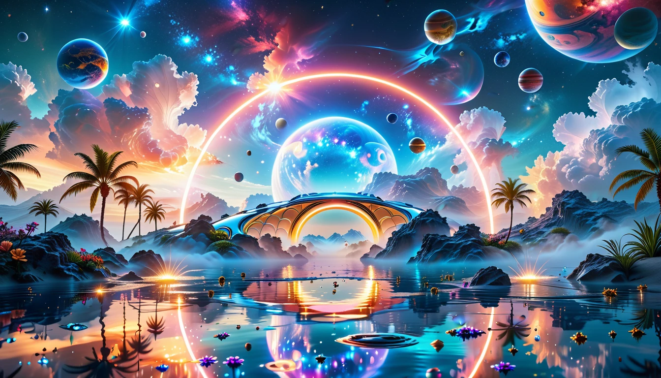 A Masterpiece In 32K Resolution, Supreme Quality, Super Detail, Official Art, Very High-Resolution 32K Wallpaper, Cosmic And Dreamlike, Ultra-Detailed Features, Celestial Retreat. An Otherworldly Oasis Floats Amidst A Sea Of Stars, With Vibrant Alien Flora Surrounding A Shimmering Pool Of Liquid Light. Planets And Moons Hang In The Sky, Casting Colorful Reflections On The Water. In The Background, A Grand Celestial Structure Rises, Radiating Energy And Illuminating The Cosmic Expanse.