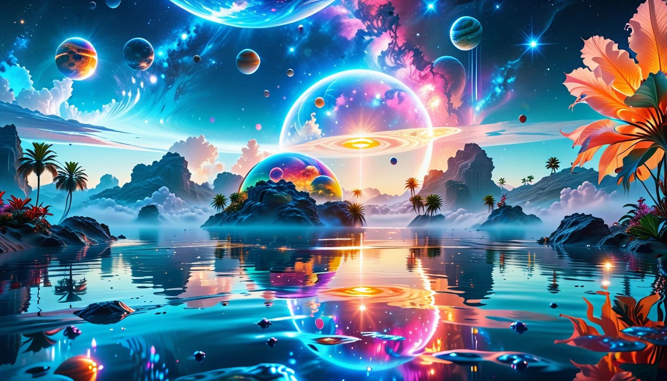 A Masterpiece In 32K Resolution, Supreme Quality, Super Detail, Official Art, Very High-Resolution 32K Wallpaper, Cosmic And Dreamlike, Ultra-Detailed Features, Celestial Retreat. An Otherworldly Oasis Floats Amidst A Sea Of Stars, With Vibrant Alien Flora Surrounding A Shimmering Pool Of Liquid Light. Planets And Moons Hang In The Sky, Casting Colorful Reflections On The Water. In The Background, A Grand Celestial Structure Rises, Radiating Energy And Illuminating The Cosmic Expanse.