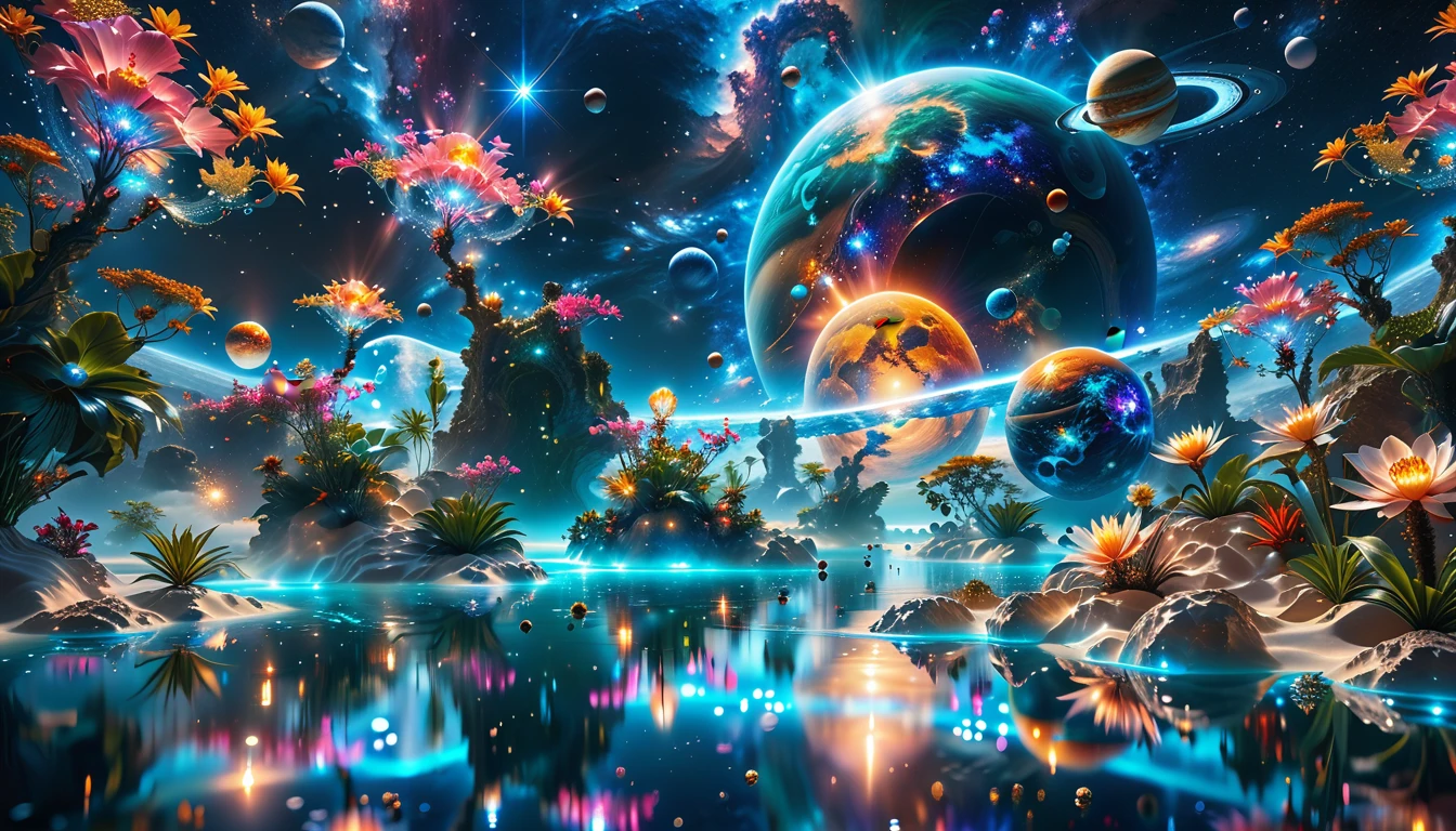 A Masterpiece In 32K Resolution, Supreme Quality, Super Detail, Official Art, Very High-Resolution 32K Wallpaper, Cosmic And Dreamlike, Ultra-Detailed Features, Celestial Retreat. An Otherworldly Oasis Floats Amidst A Sea Of Stars, With Vibrant Alien Flora Surrounding A Shimmering Pool Of Liquid Light. Planets And Moons Hang In The Sky, Casting Colorful Reflections On The Water. In The Background, A Grand Celestial Structure Rises, Radiating Energy And Illuminating The Cosmic Expanse.