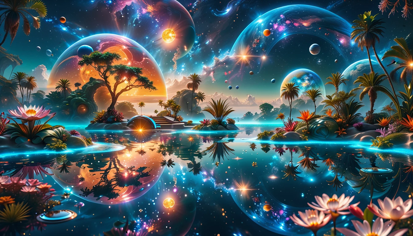 A Masterpiece In 32K Resolution, Supreme Quality, Super Detail, Official Art, Very High-Resolution 32K Wallpaper, Cosmic And Dreamlike, Ultra-Detailed Features, Celestial Retreat. An Otherworldly Oasis Floats Amidst A Sea Of Stars, With Vibrant Alien Flora Surrounding A Shimmering Pool Of Liquid Light. Planets And Moons Hang In The Sky, Casting Colorful Reflections On The Water. In The Background, A Grand Celestial Structure Rises, Radiating Energy And Illuminating The Cosmic Expanse.