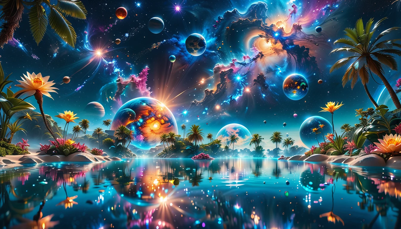 A Masterpiece In 32K Resolution, Supreme Quality, Super Detail, Official Art, Very High-Resolution 32K Wallpaper, Cosmic And Dreamlike, Ultra-Detailed Features, Celestial Retreat. An Otherworldly Oasis Floats Amidst A Sea Of Stars, With Vibrant Alien Flora Surrounding A Shimmering Pool Of Liquid Light. Planets And Moons Hang In The Sky, Casting Colorful Reflections On The Water. In The Background, A Grand Celestial Structure Rises, Radiating Energy And Illuminating The Cosmic Expanse.