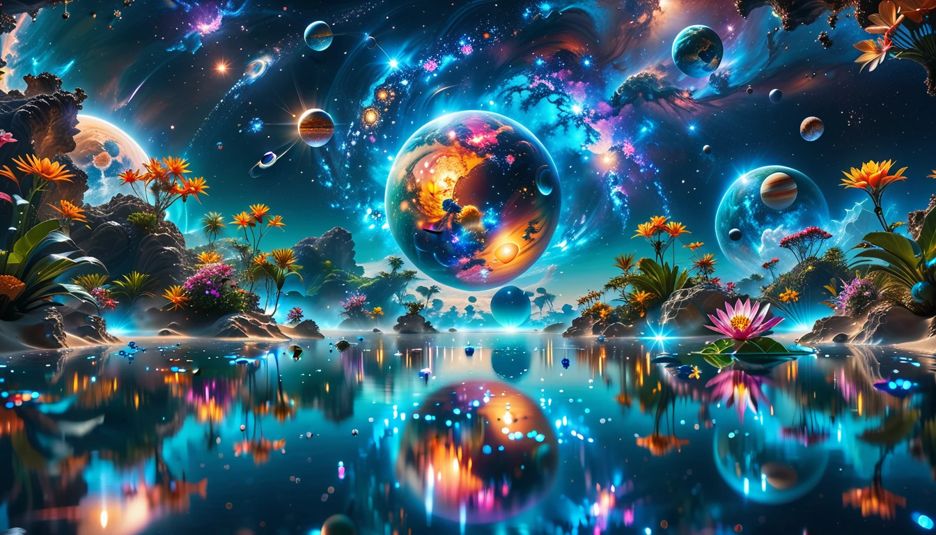 A Masterpiece In 32K Resolution, Supreme Quality, Super Detail, Official Art, Very High-Resolution 32K Wallpaper, Cosmic And Dreamlike, Ultra-Detailed Features, Celestial Retreat. An Otherworldly Oasis Floats Amidst A Sea Of Stars, With Vibrant Alien Flora Surrounding A Shimmering Pool Of Liquid Light. Planets And Moons Hang In The Sky, Casting Colorful Reflections On The Water. In The Background, A Grand Celestial Structure Rises, Radiating Energy And Illuminating The Cosmic Expanse.