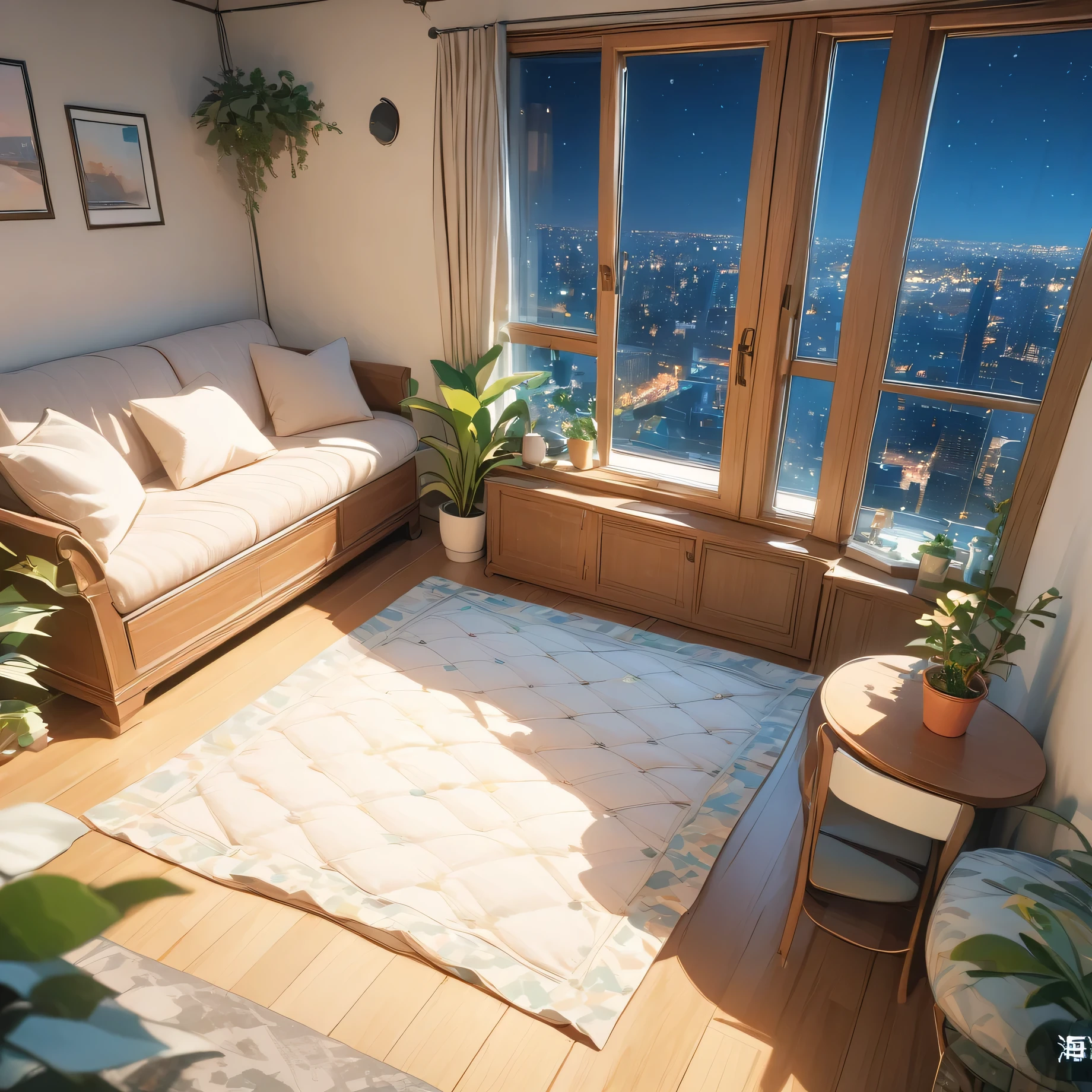 (masterpiece),(High quality),Best quality,Reality,(Reality),Super detailed,(details),(4K,8k,indoor,table,sofa,Potted plants,chair,solitary,Wide-angle lens,window,ground,Quilt,Pillow,Night view,large glass window