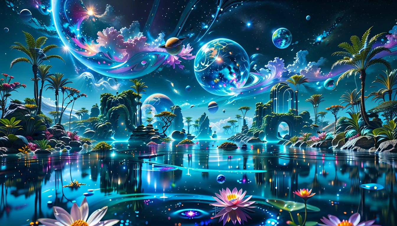 A Masterpiece In 32K Resolution, Supreme Quality, Super Detail, Official Art, Very High-Resolution 32K Wallpaper, Cosmic And Dreamlike, Ultra-Detailed Features, Celestial Retreat. An Otherworldly Oasis Floats Amidst A Sea Of Stars, With Vibrant Alien Flora Surrounding A Shimmering Pool Of Liquid Light. Planets And Moons Hang In The Sky, Casting Colorful Reflections On The Water. In The Background, A Grand Celestial Structure Rises, Radiating Energy And Illuminating The Cosmic Expanse.