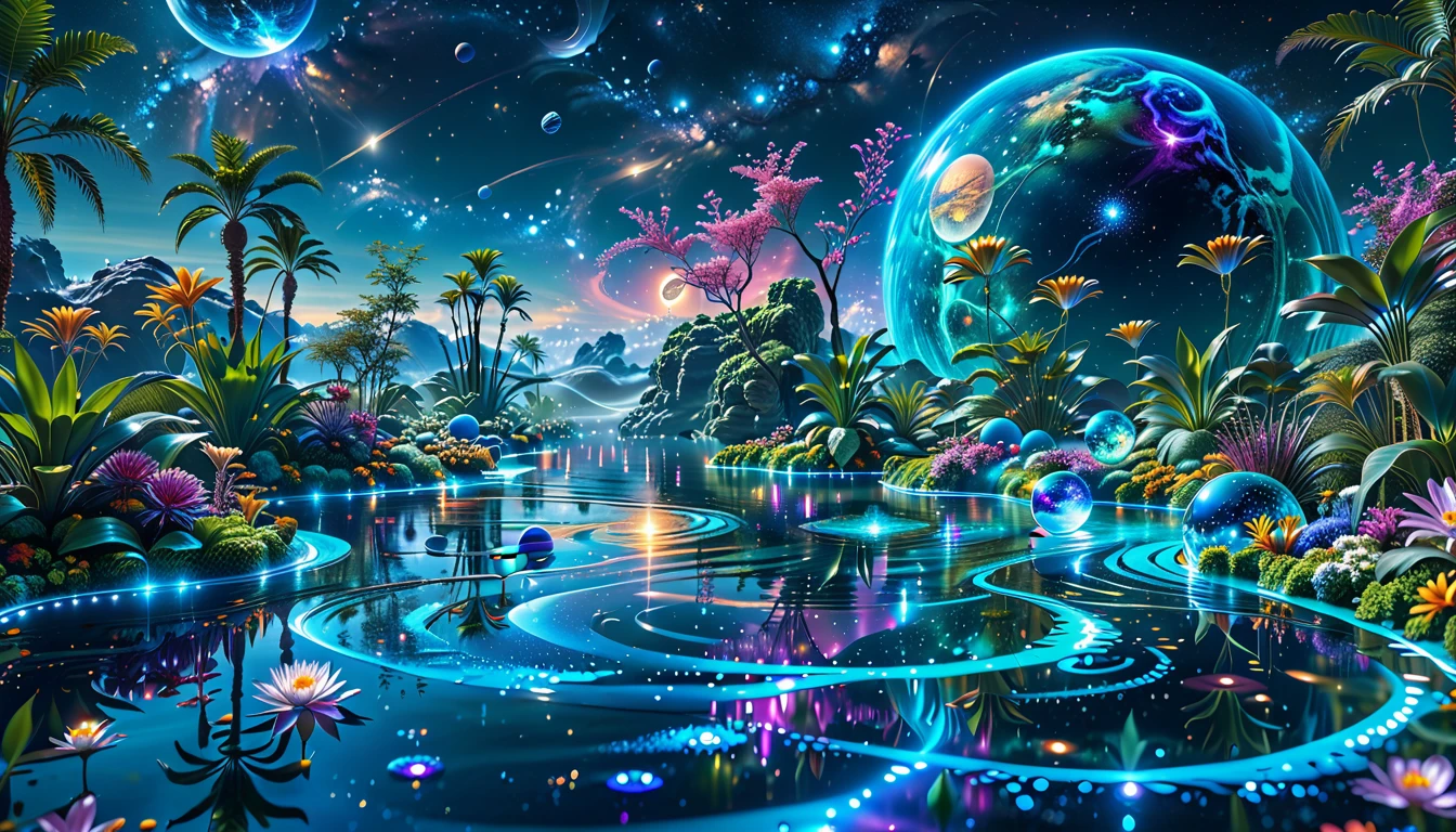 A Masterpiece In 32K Resolution, Supreme Quality, Super Detail, Official Art, Very High-Resolution 32K Wallpaper, Cosmic And Dreamlike, Ultra-Detailed Features, Celestial Retreat. An Otherworldly Oasis Floats Amidst A Sea Of Stars, With Vibrant Alien Flora Surrounding A Shimmering Pool Of Liquid Light. Planets And Moons Hang In The Sky, Casting Colorful Reflections On The Water. In The Background, A Grand Celestial Structure Rises, Radiating Energy And Illuminating The Cosmic Expanse.