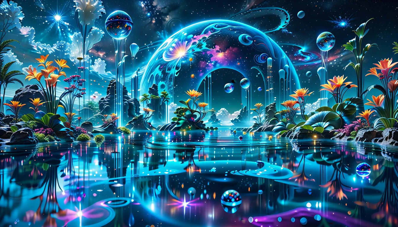 A Masterpiece In 32K Resolution, Supreme Quality, Super Detail, Official Art, Very High-Resolution 32K Wallpaper, Cosmic And Dreamlike, Ultra-Detailed Features, Celestial Retreat. An Otherworldly Oasis Floats Amidst A Sea Of Stars, With Vibrant Alien Flora Surrounding A Shimmering Pool Of Liquid Light. Planets And Moons Hang In The Sky, Casting Colorful Reflections On The Water. In The Background, A Grand Celestial Structure Rises, Radiating Energy And Illuminating The Cosmic Expanse.