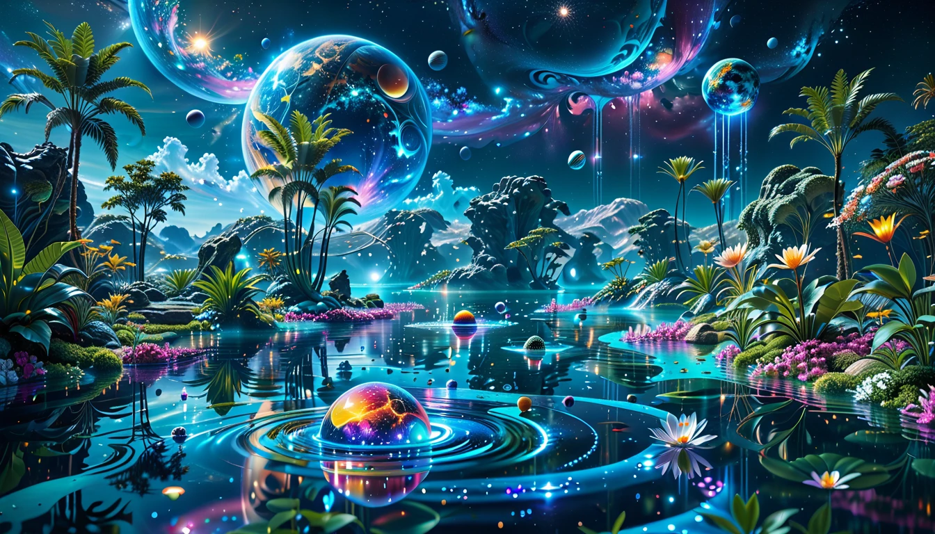 A Masterpiece In 32K Resolution, Supreme Quality, Super Detail, Official Art, Very High-Resolution 32K Wallpaper, Cosmic And Dreamlike, Ultra-Detailed Features, Celestial Retreat. An Otherworldly Oasis Floats Amidst A Sea Of Stars, With Vibrant Alien Flora Surrounding A Shimmering Pool Of Liquid Light. Planets And Moons Hang In The Sky, Casting Colorful Reflections On The Water. In The Background, A Grand Celestial Structure Rises, Radiating Energy And Illuminating The Cosmic Expanse.