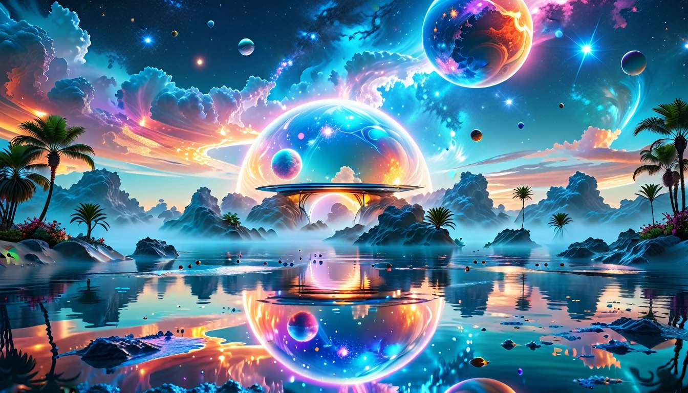 A Masterpiece In 32K Resolution, Supreme Quality, Super Detail, Official Art, Very High-Resolution 32K Wallpaper, Cosmic And Dreamlike, Ultra-Detailed Features, Celestial Retreat. An Otherworldly Oasis Floats Amidst A Sea Of Stars, With Vibrant Alien Flora Surrounding A Shimmering Pool Of Liquid Light. Planets And Moons Hang In The Sky, Casting Colorful Reflections On The Water. In The Background, A Grand Celestial Structure Rises, Radiating Energy And Illuminating The Cosmic Expanse.