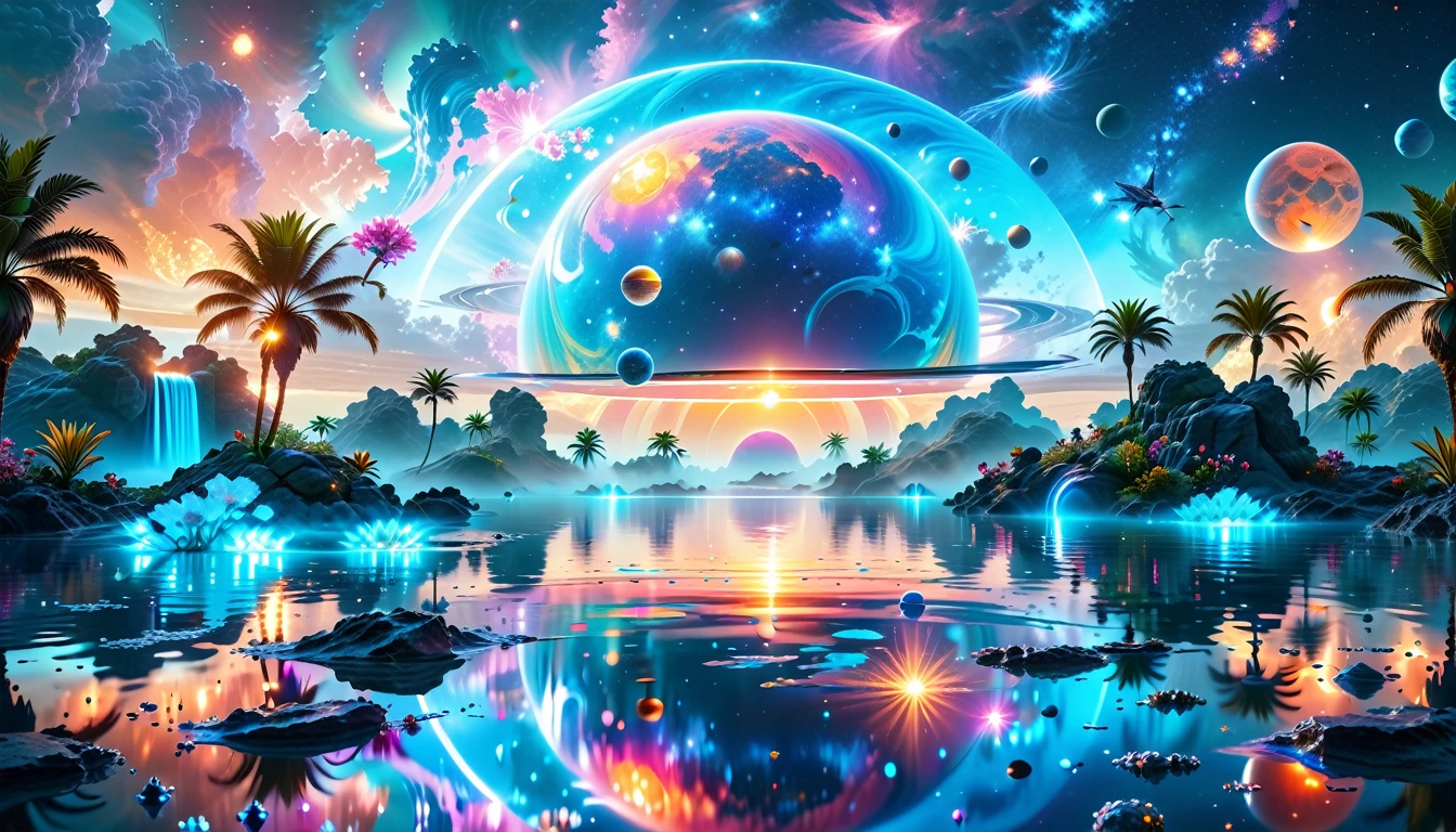 A Masterpiece In 32K Resolution, Supreme Quality, Super Detail, Official Art, Very High-Resolution 32K Wallpaper, Cosmic And Dreamlike, Ultra-Detailed Features, Celestial Retreat. An Otherworldly Oasis Floats Amidst A Sea Of Stars, With Vibrant Alien Flora Surrounding A Shimmering Pool Of Liquid Light. Planets And Moons Hang In The Sky, Casting Colorful Reflections On The Water. In The Background, A Grand Celestial Structure Rises, Radiating Energy And Illuminating The Cosmic Expanse.