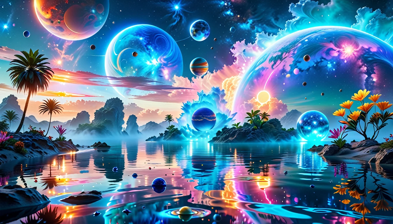 A Masterpiece In 32K Resolution, Supreme Quality, Super Detail, Official Art, Very High-Resolution 32K Wallpaper, Cosmic And Dreamlike, Ultra-Detailed Features, Celestial Retreat. An Otherworldly Oasis Floats Amidst A Sea Of Stars, With Vibrant Alien Flora Surrounding A Shimmering Pool Of Liquid Light. Planets And Moons Hang In The Sky, Casting Colorful Reflections On The Water. In The Background, A Grand Celestial Structure Rises, Radiating Energy And Illuminating The Cosmic Expanse.