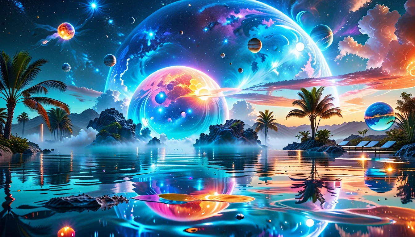 A Masterpiece In 32K Resolution, Supreme Quality, Super Detail, Official Art, Very High-Resolution 32K Wallpaper, Cosmic And Dreamlike, Ultra-Detailed Features, Celestial Retreat. An Otherworldly Oasis Floats Amidst A Sea Of Stars, With Vibrant Alien Flora Surrounding A Shimmering Pool Of Liquid Light. Planets And Moons Hang In The Sky, Casting Colorful Reflections On The Water. In The Background, A Grand Celestial Structure Rises, Radiating Energy And Illuminating The Cosmic Expanse.