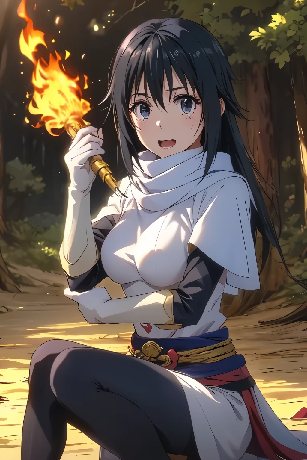 （（（ＳＦＷ、Highest quality、First Class、masterpiece、Normal body、8k、Detailed face、Ultra-precision、Normal hand、Normal finger、Highest、Takumi）））、SHIZUE-izawa、Shiz、Black Hair、Lord of the Flames、-That Time I Got Reincarnated as a Slime-、Petite、Big Breasts、Alltights、tights、White Haori、Ridiculous Costumes、Tight costume、Timid、Slime hug